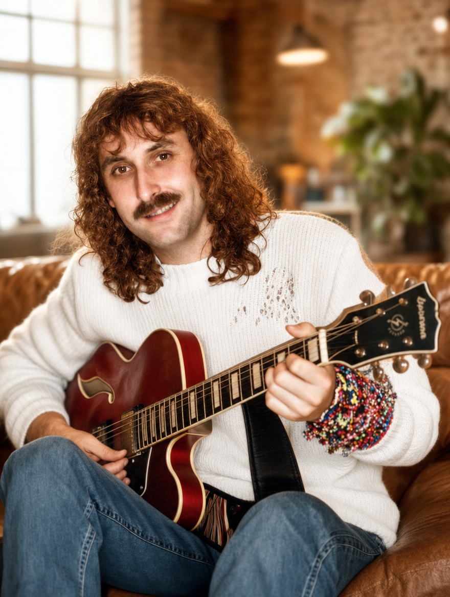 Denny Schönemann in einer frühen künstlerischen Phase mit Gitarre auf einem Ledersofa